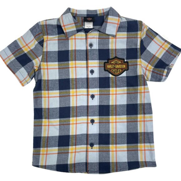 Harley-Davidson Little Boys' Bar & Shield Logo Plaid Short Sleeve Shirt Blue - Picture 1 of 2